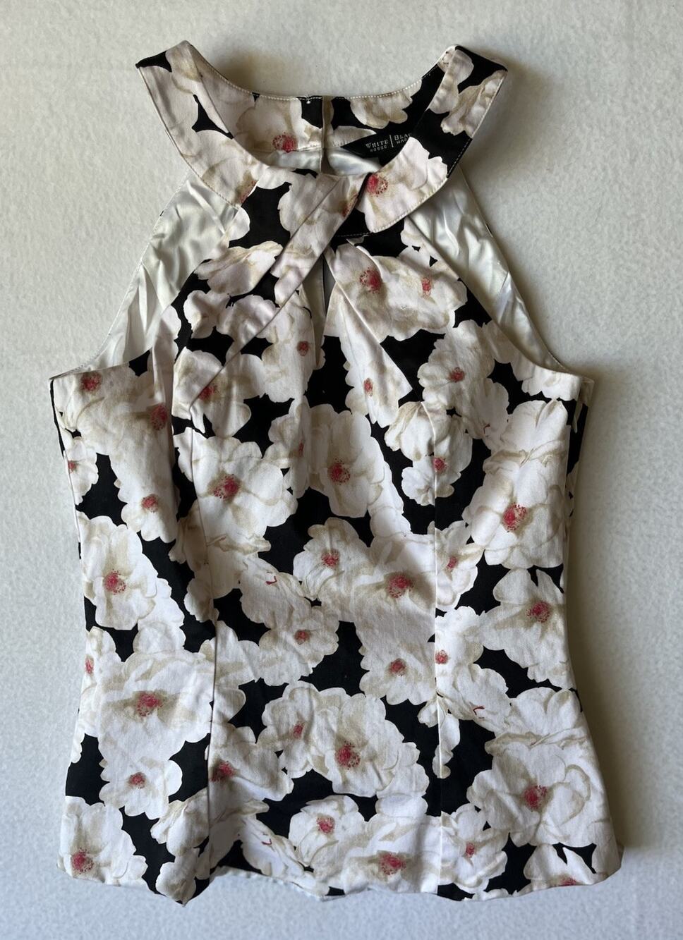 WHBM White House Black Market Women's Black White Floral Satin HalterCross Neck2
